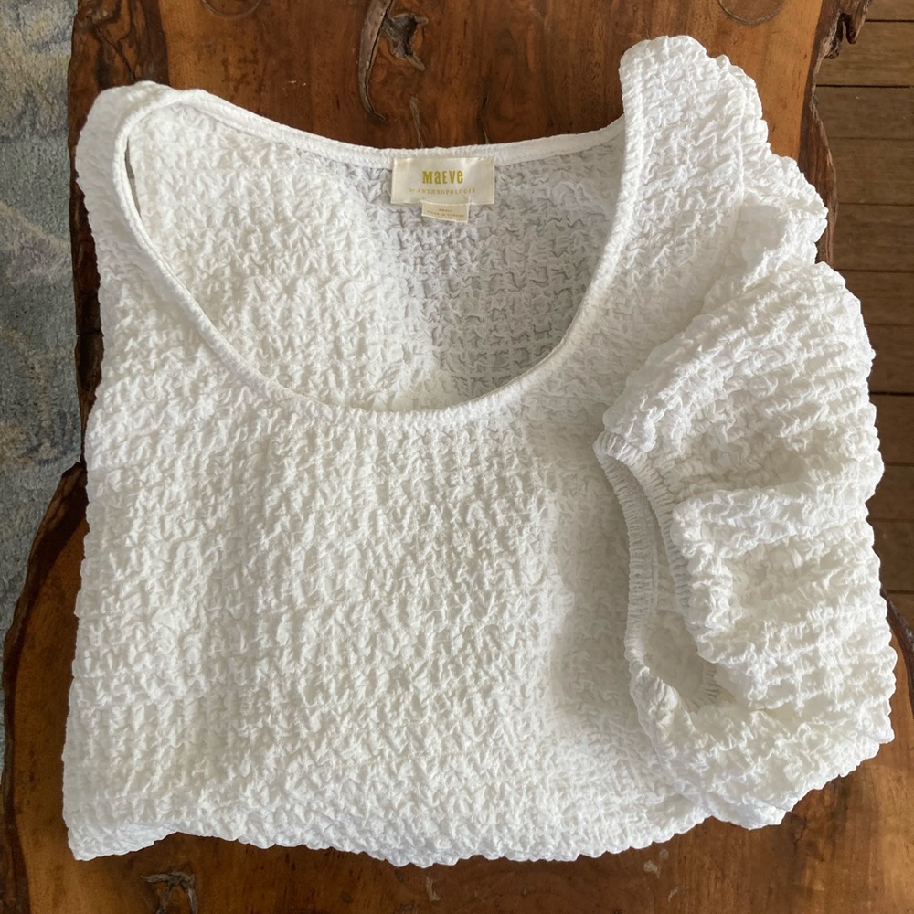 MAUVE x Anthropologie White Balloon-Sleeve Textured Top Cottagecore Resort - Picture 15 of 15